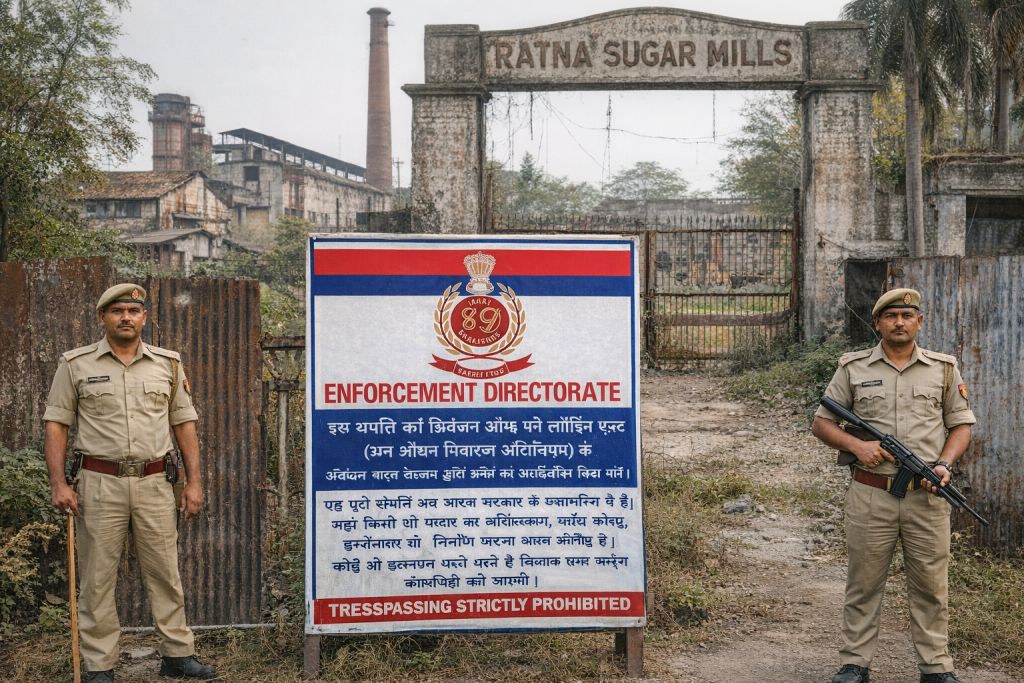 ratna-sugar-mill-ed-action-shahganj.jpg शाहगंज की रत्ना शुगर मिल पर ईडी की कार्रवाई के बाद परिसर में लगा सरकारी बोर्ड AI genrated image