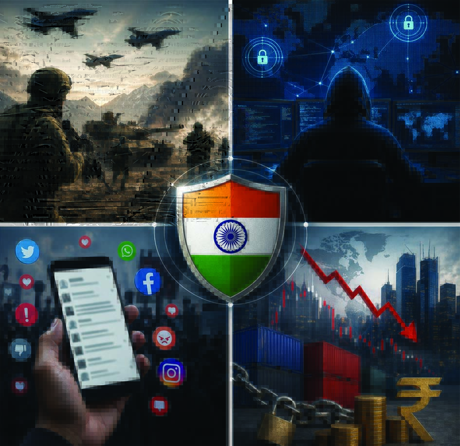 हाइब्रिड युद्ध में साइबर हमला, डिजिटल सुरक्षा और आधुनिक युद्ध रणनीति का चित्रण