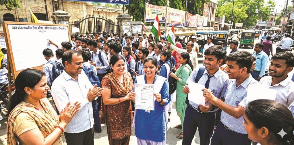 जौनपुर बोर्ड रिजल्ट 2026 के बाद जश्न मनाते छात्र