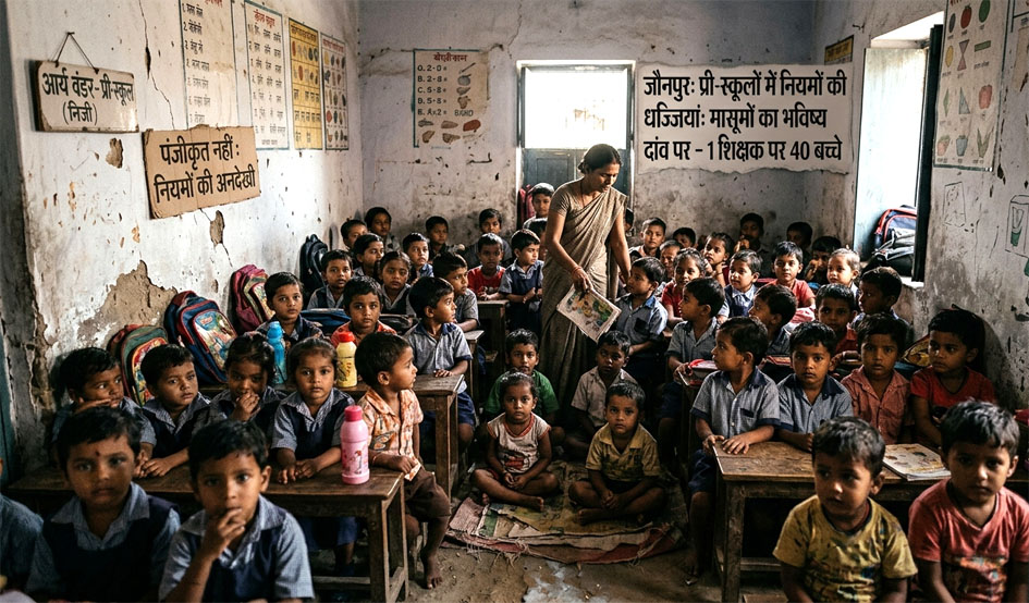 जौनपुर के प्री-स्कूल में अधिक बच्चों के बीच एक शिक्षक पढ़ाते हुए