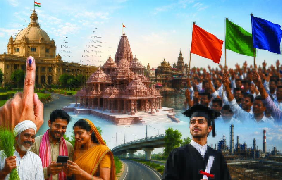 विकास और जातीय समीकरणों के बीच यूपी की राजनीति उत्तर प्रदेश की बदलती राजनीति का प्रतीकात्मक चित्र