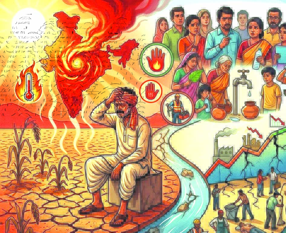 भारत में चरम गर्मी और जलवायु संकट भीषण गर्मी में तपता भारतीय शहर और धूप से बचते लोग