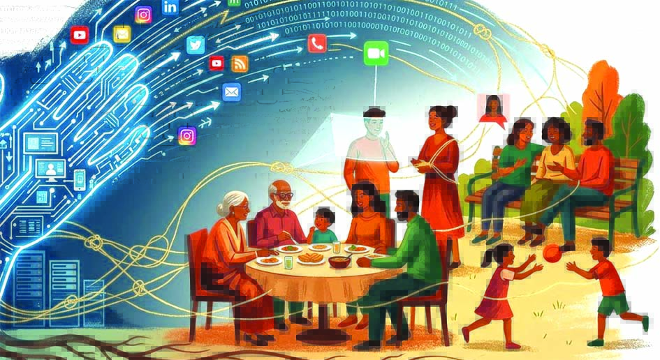 मोबाइल और सोशल मीडिया में व्यस्त आधुनिक समाज का प्रतीकात्मक चित्र